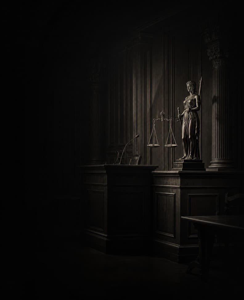 A dark courtroom scene representing case-building in a lawyer game