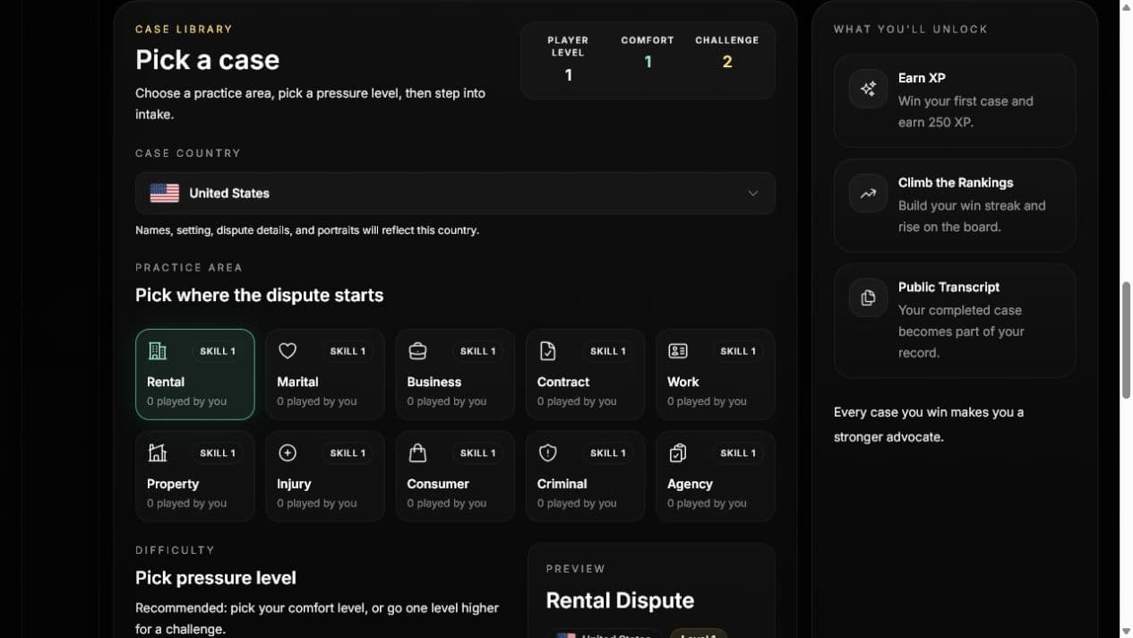 Legal Arena case selection panel showing the country selector, practice areas, pressure levels, and case preview