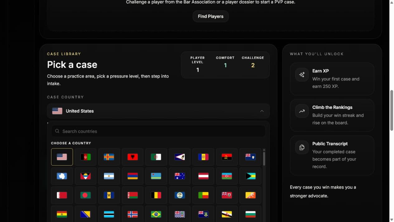 Legal Arena country picker expanded into a searchable matrix of country flags