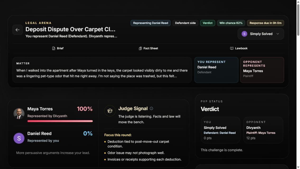 Legal Arena PVP courtroom showing represented parties, persuasion scores, judge signal, focus points, and match status