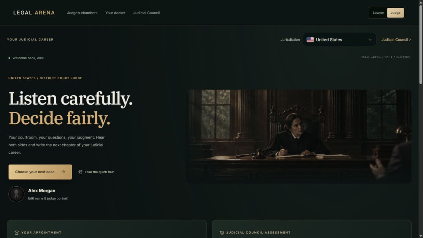 Judge Mode dashboard with the Lawyer and Judge switch, searchable jurisdiction picker, judge portrait, and quick tour button