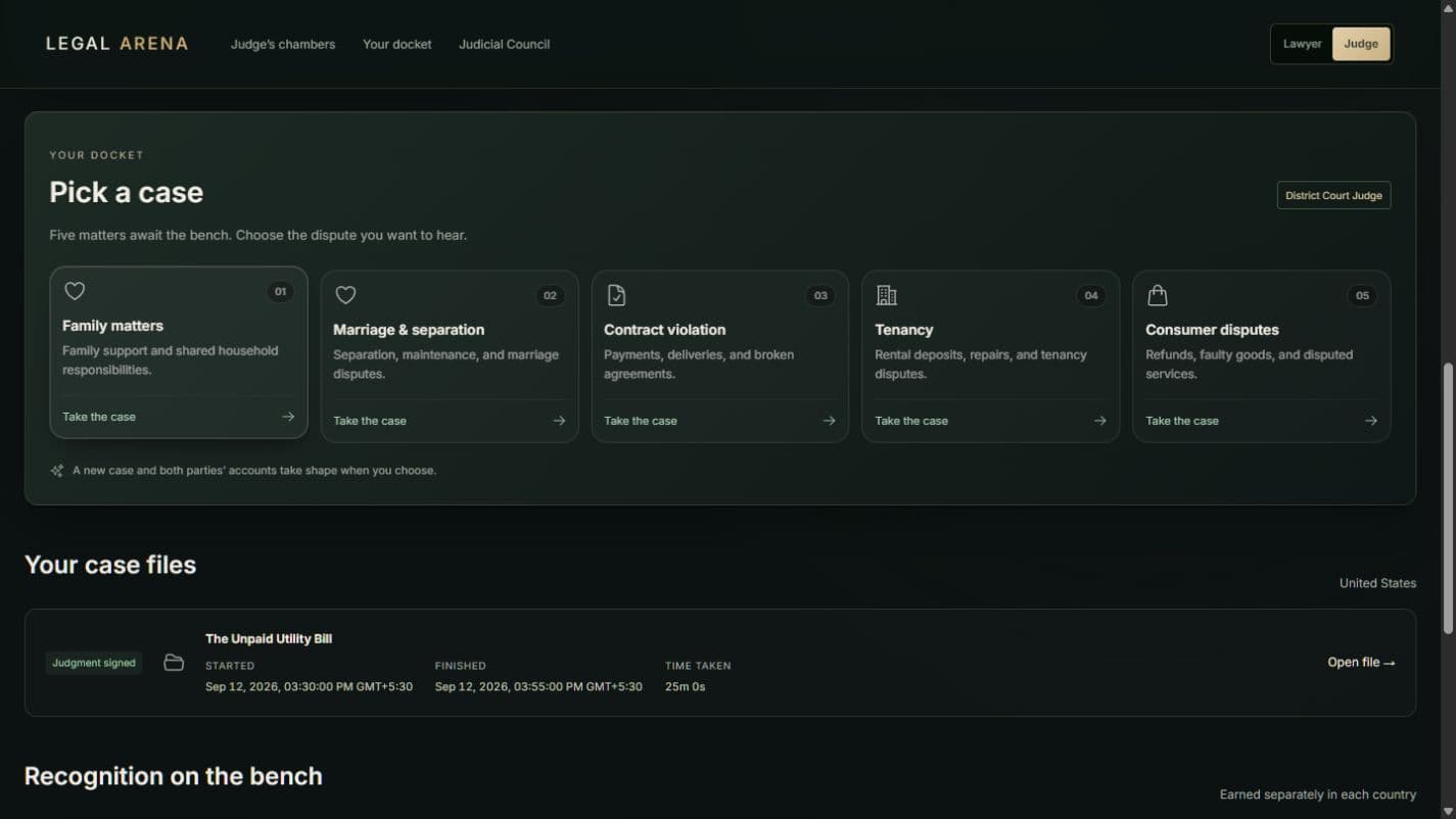 Judge Mode docket showing five case genres and saved case files