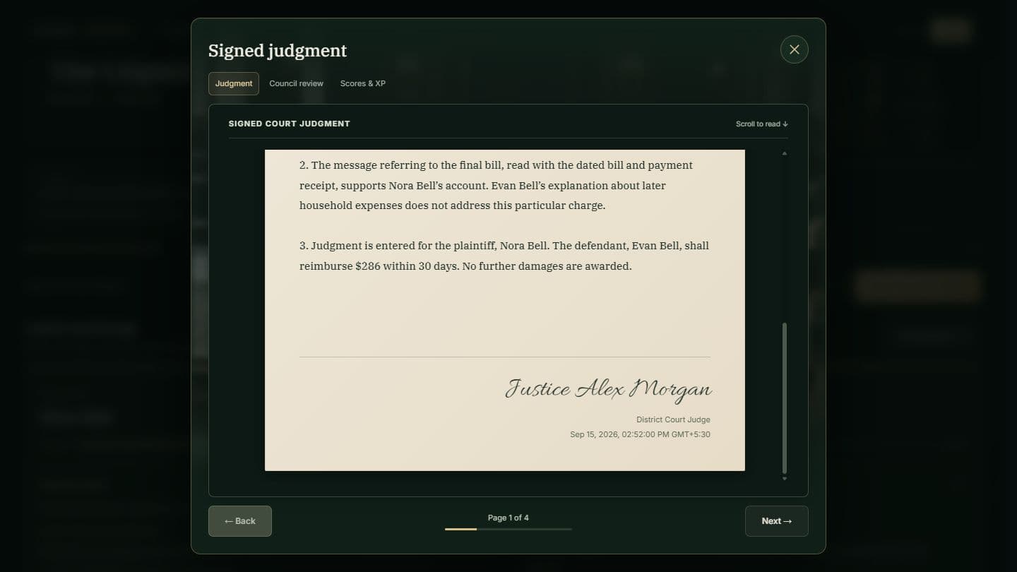 Scrolled A4 court judgment showing numbered reasons, the reimbursement order, and Justice Alex Morgan’s cursive signature inside the judgment carousel