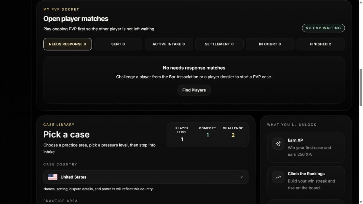 Legal Arena PVP docket showing response, sent, intake, settlement, court, and finished match filters