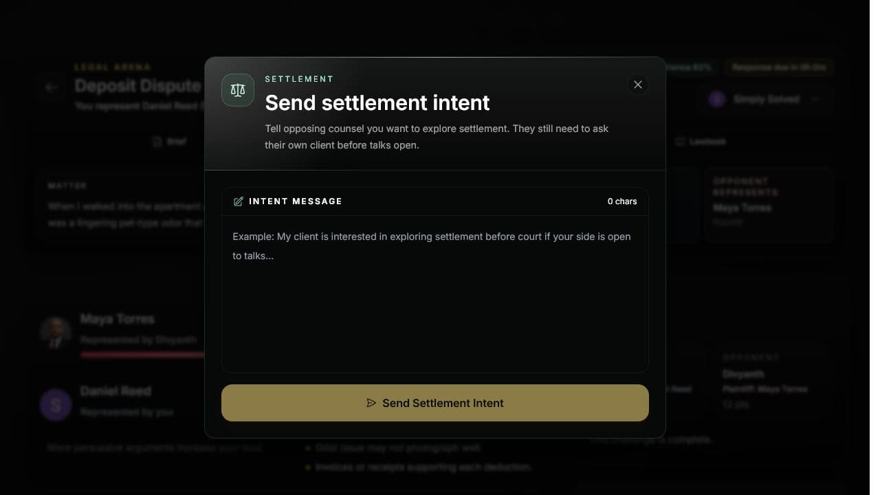 Legal Arena settlement dialog for sending an opening settlement-intent message to opposing counsel