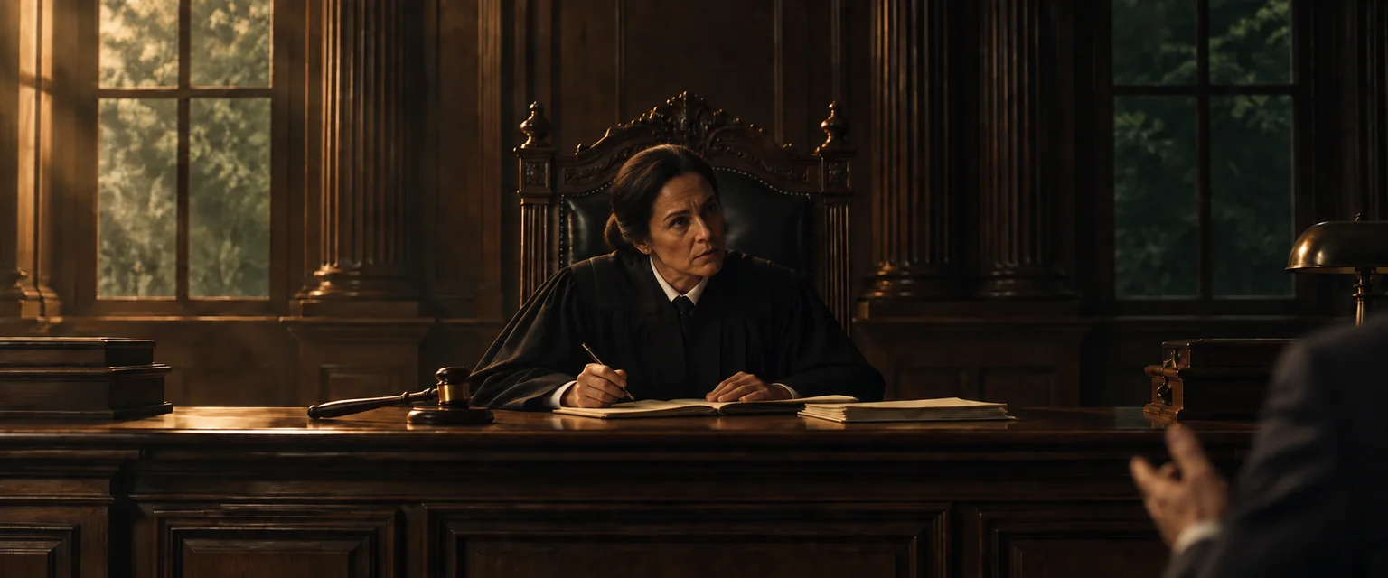 A female judge listening attentively at her courtroom desk, with case notes, a pen, and a gavel