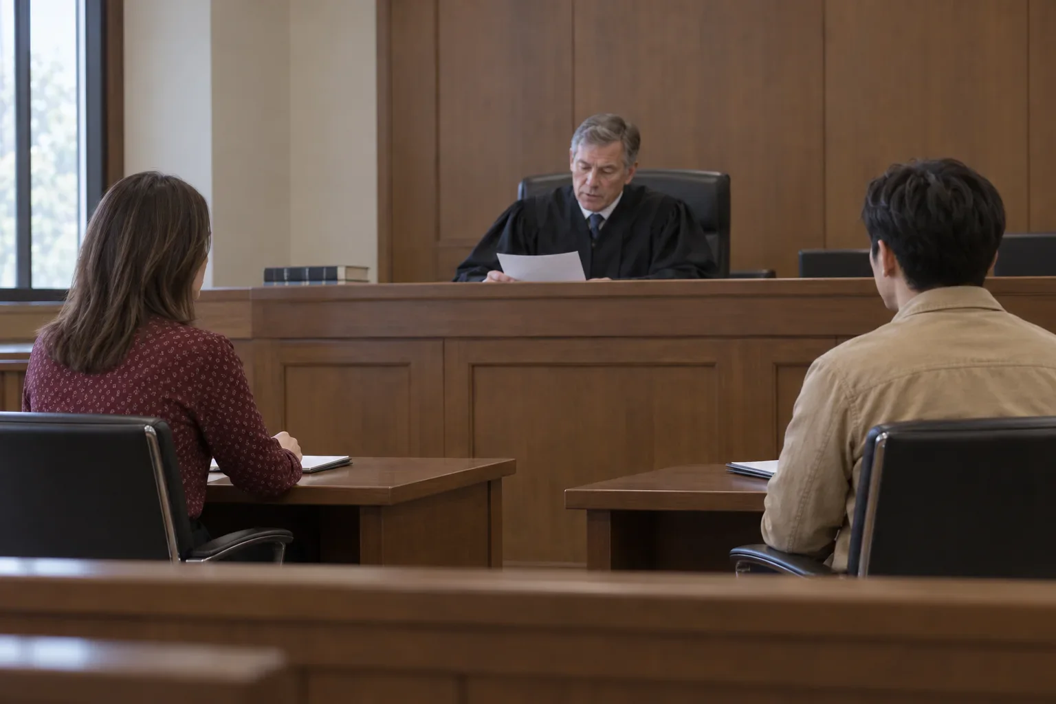 The presiding judge, plaintiff and defendant in a courtroom in United States.