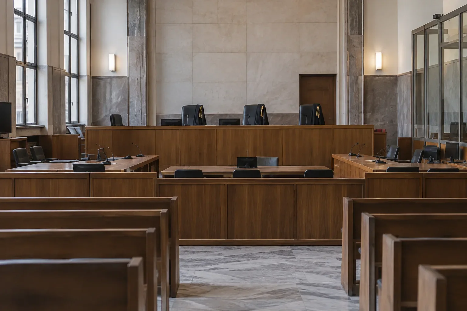 An empty courtroom viewed from the public seating toward the judge’s bench.