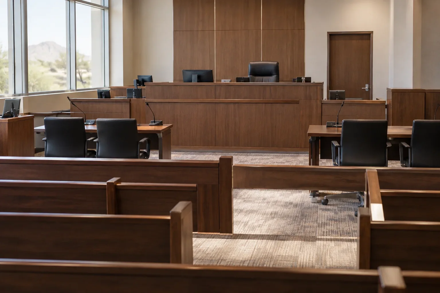 An empty municipal courtroom with a judge's bench and counsel tables.