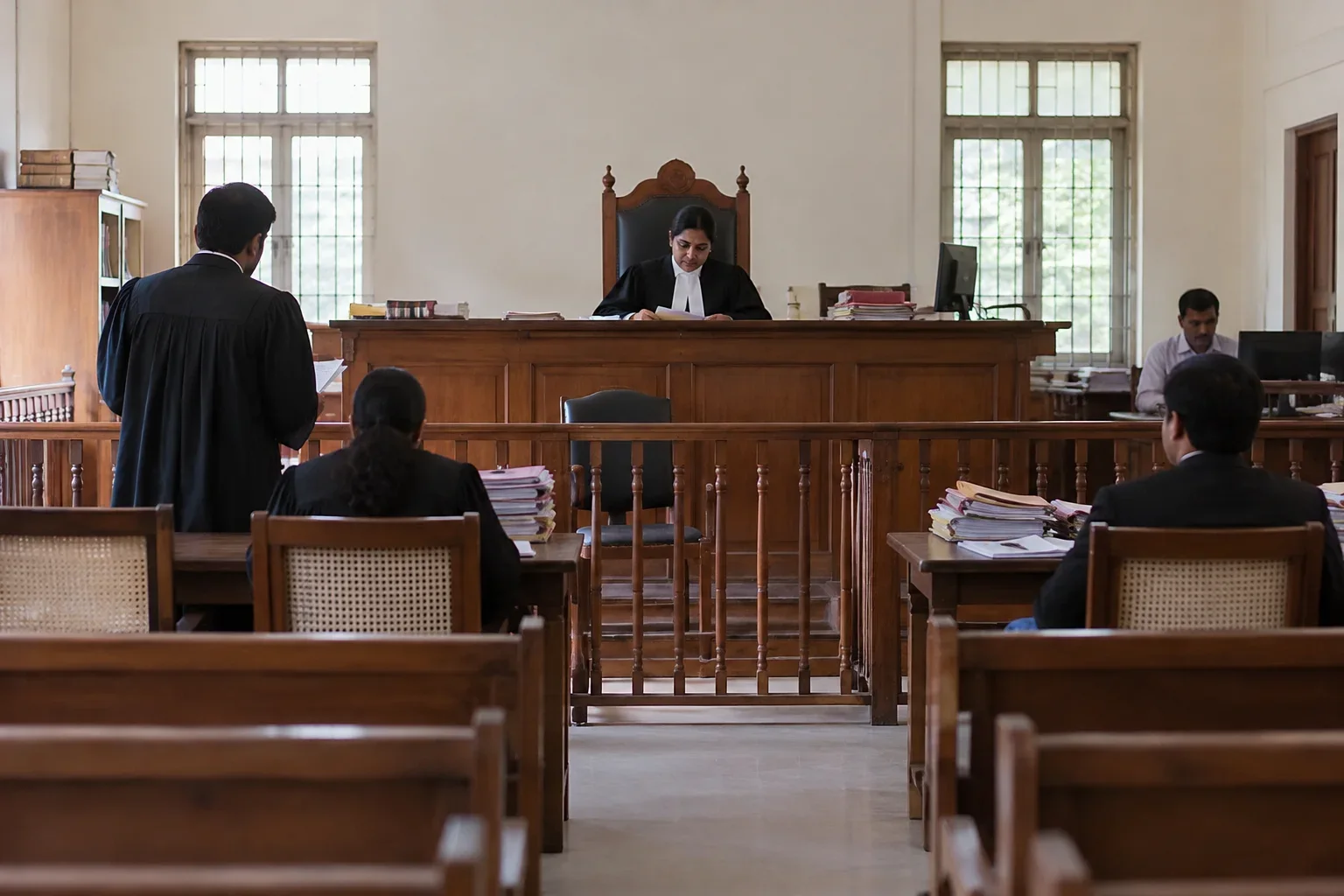 An empty magistrate's courtroom with a judge's bench and counsel tables.