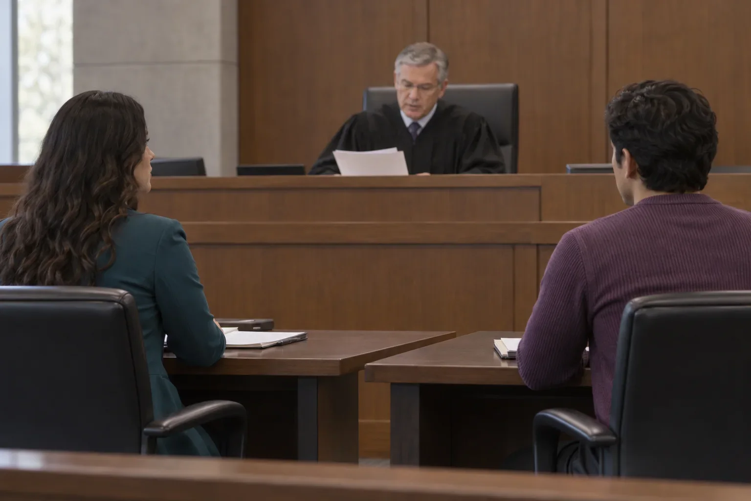 The presiding judge, plaintiff and defendant in a courtroom in United States.