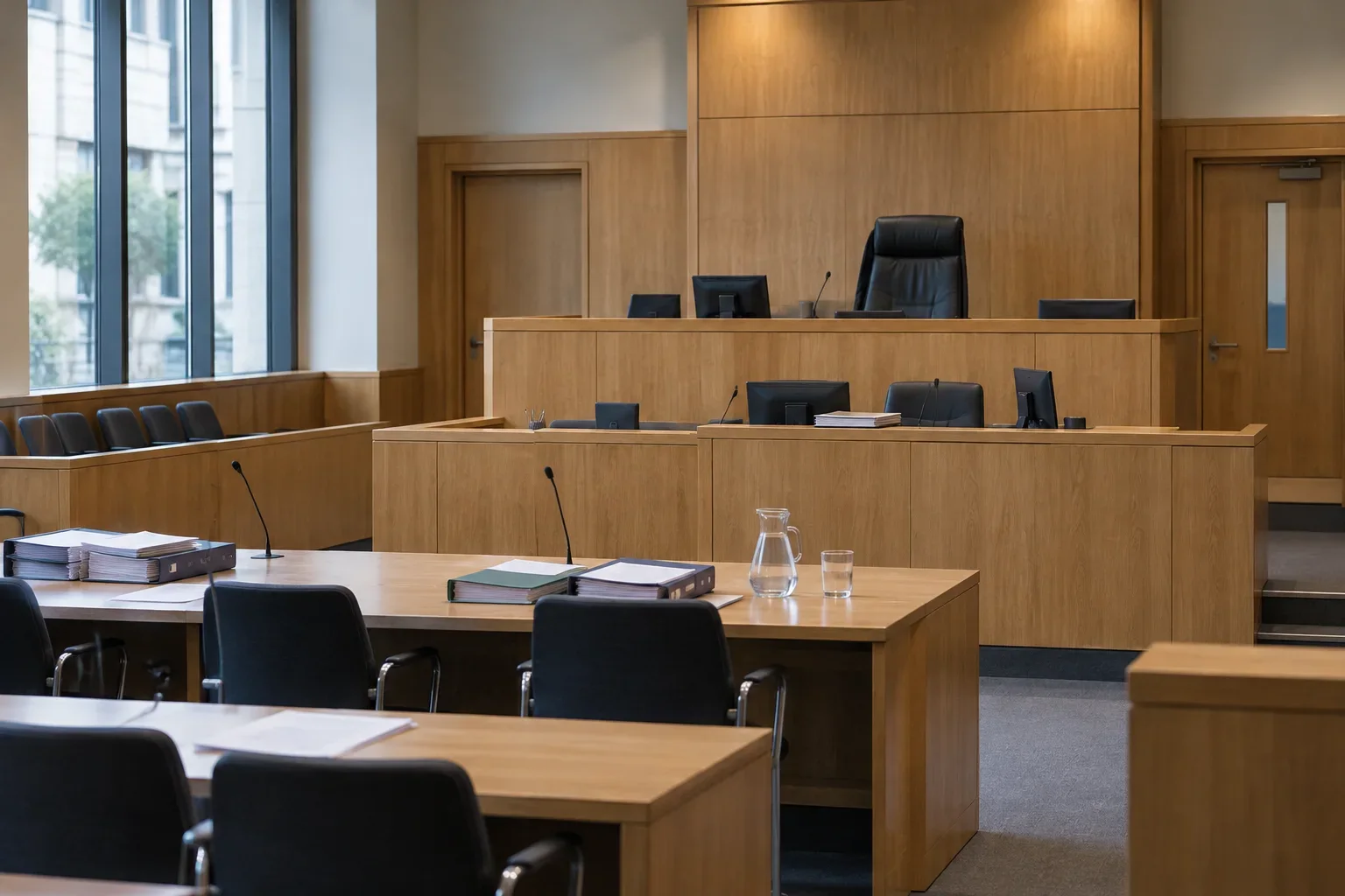 An empty county courtroom with a judge's bench and counsel tables.