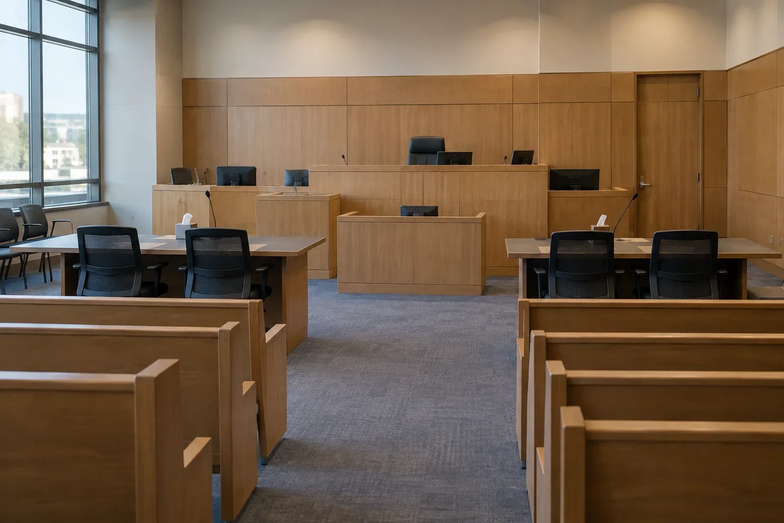A modest courtroom with a judge's bench, counsel tables and empty public seating.
