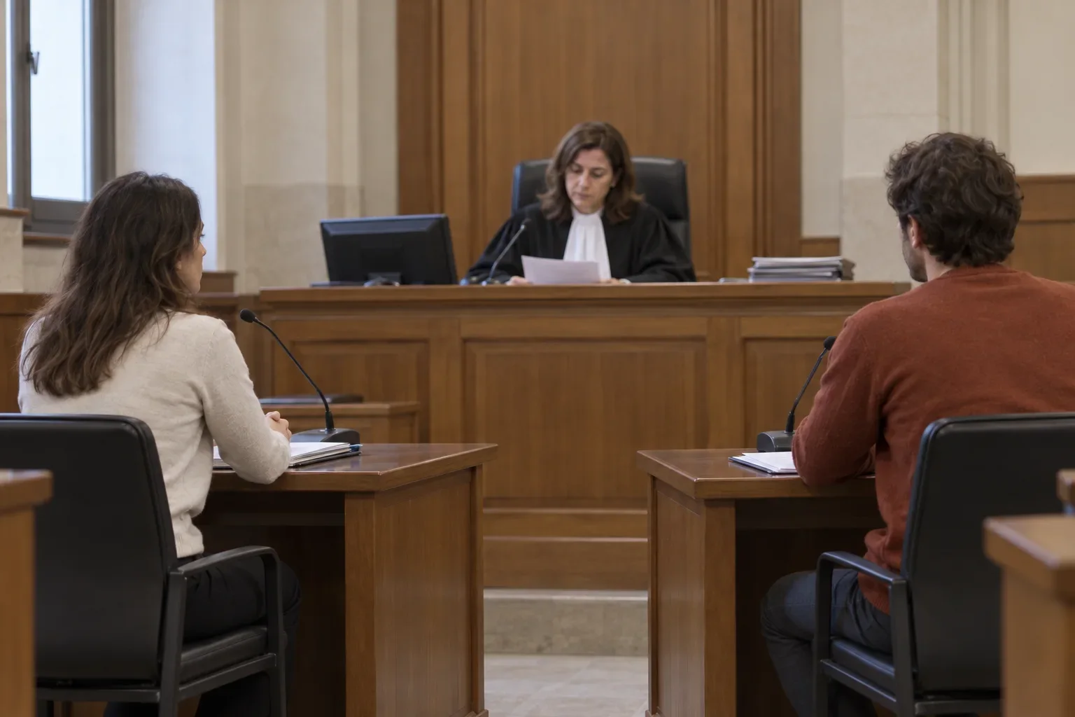 The presiding judge, plaintiff and defendant in a courtroom in Italy.