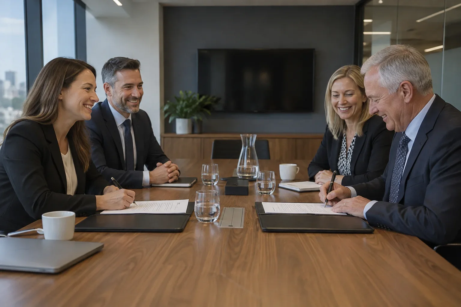 Parties and their lawyers discussing a settlement agreement inside a private conference room.
