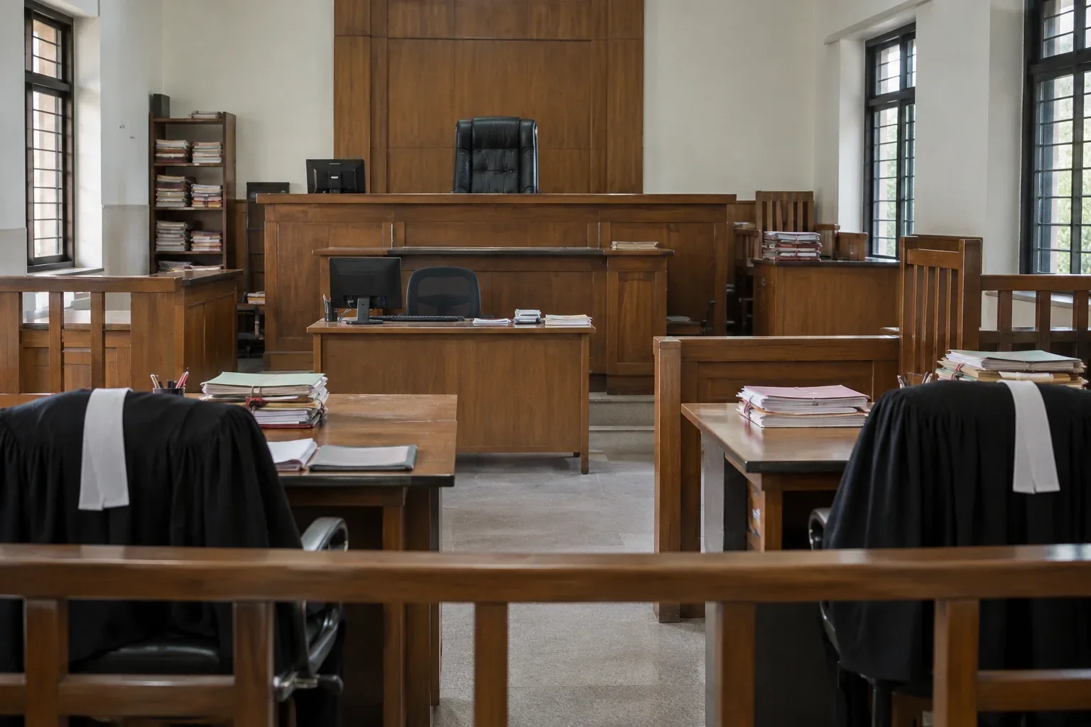 An empty family courtroom with a judge's bench, counsel tables and case files.